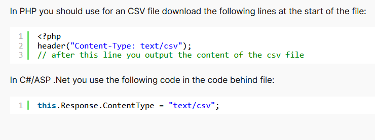 HTTP header CSV type